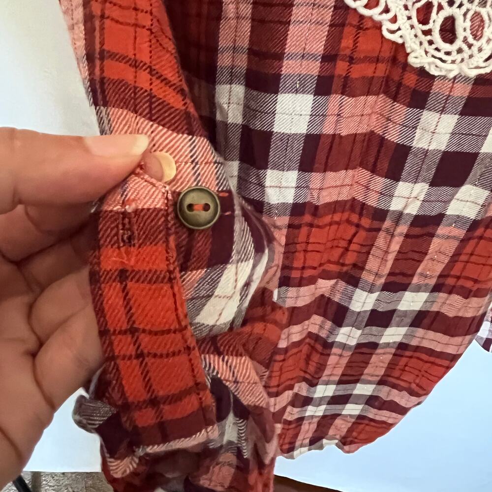 Linda Anderson Crochet Back Plaid Womens Shirt Sz S Boho Western Indie Grunge - Picture 12 of 15